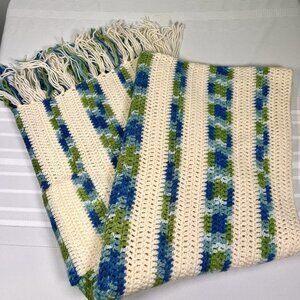 Vintage Crochet Afghan Blanket Striped Blue Green Cream Fringe Pockets Retro MCM